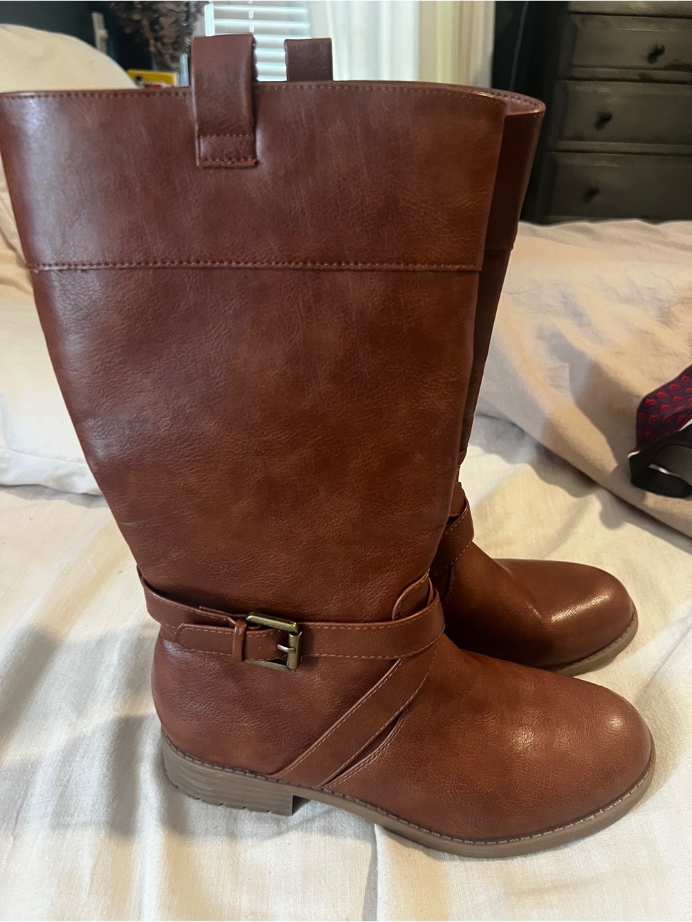 Brown Mid-Calf Riding Boots - Leather-Look Casual Boots